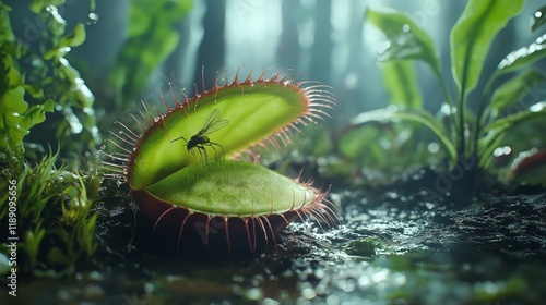 Macro close-up of a Venus flytrap capturing a fly, symbolizing nature’s predatory instincts, survival, exotic plants, and the fascinating mechanisms of carnivorous flora, Generative AI