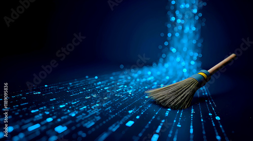 Digital cleanup concept with brooms sweeping away glowing blue binary codes for technology and data security themes AI cleaning automation for protection and encryption cyber datum technology software photo