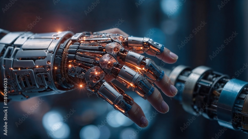 The human hands touch the robot's metallic hand. Concept of harmonious coexistence of humans and AI technology The human hands touch the robot's metallic hand. Concept of harmonious coexistence of humans and AI technology