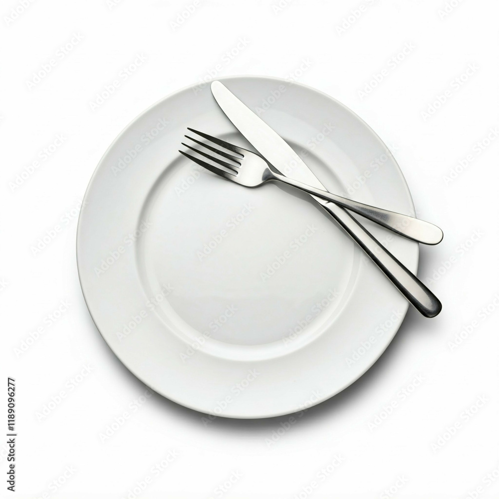 white plate with fork and knife on white background white plate with fork and knife on white background