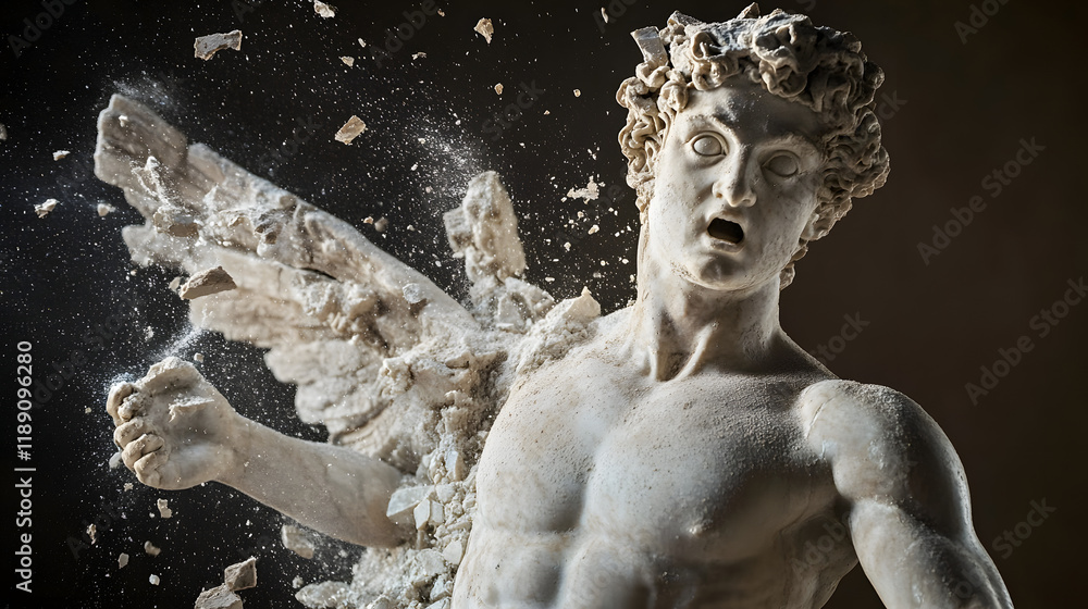 Fototapeta premium Greek Statue of Hermes in Dynamic Motion with Exploding Stone Pieces