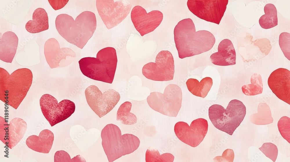 A romantic pattern of heart-shaped paper in gentle shades of red, pink, and white scattered across a pale pink background, ideal for Valentines Day A romantic pattern of heart-shaped paper in gentle shades of red, pink, and white scattered across a pale pink background, ideal for Valentines Day