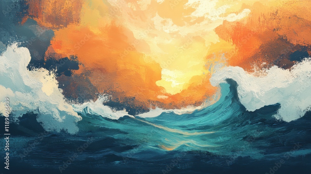 Fototapeta premium Dramatic Ocean Waves Sunset Abstract Painting