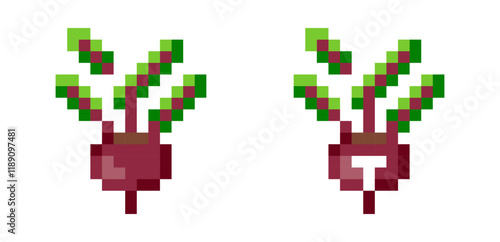 Pixelated beet on a white background. Vector Pixel-style beet icons on an isolated background. Minimalistic geometric images of vegetables for menus, salads, juices, healthy and baby food.