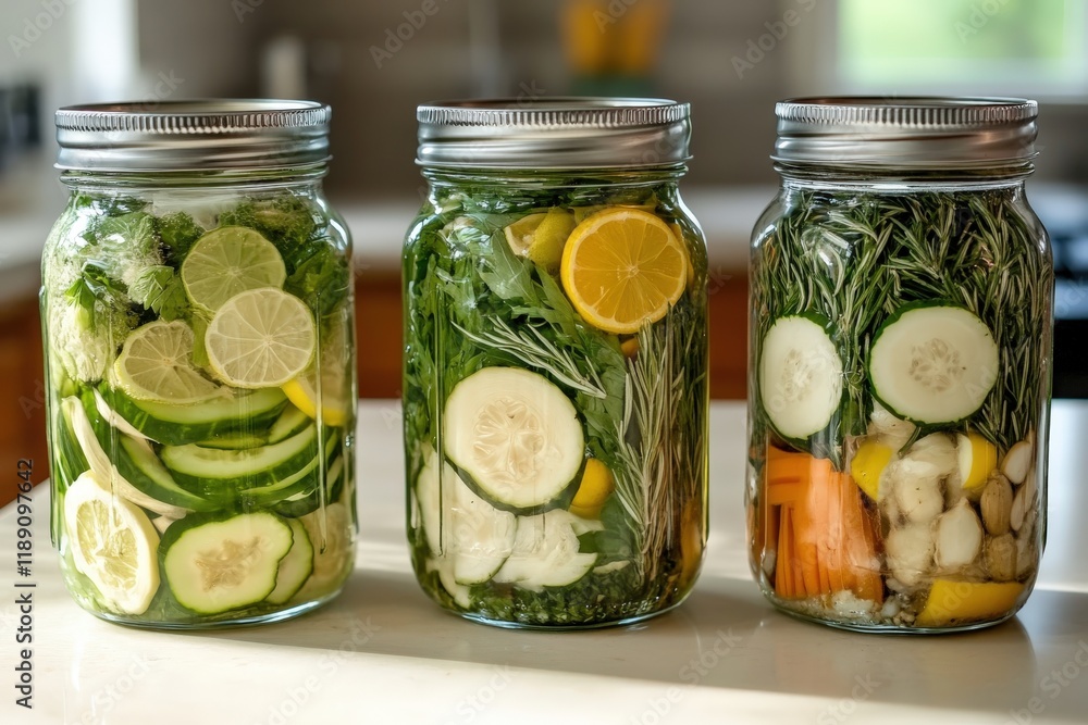 Infused water with sliced cucumber, lemon, herbs and vegetables in glass jars Infused water with sliced cucumber, lemon, herbs and vegetables in glass jars