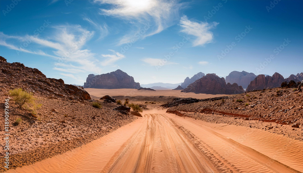 panoramic photo of an epic desert landscape mountains in the background dirt road with dunes and rocks on both sides panoramic photo of an epic desert landscape mountains in the background dirt road with dunes and rocks on both sides