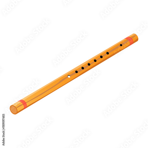 Beautiful wooden flute illustration with red rings for decoration isolated over white background.Classical musical instrument Flute graphic icon for design purposes.Minimalist flute icon.