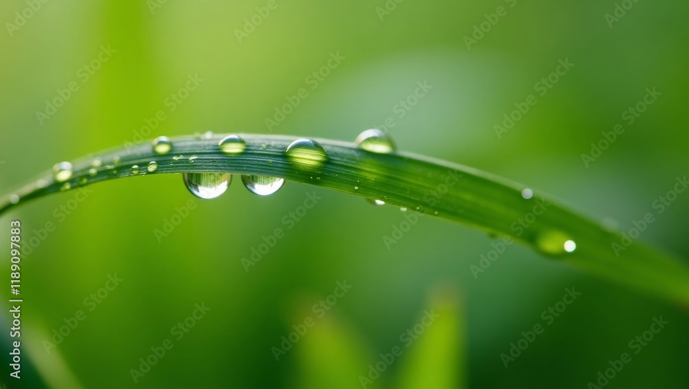 Close-up of dew drops on a grass blade with a blurred green background. Ideal for nature, fresh, and organic themes. Close-up of dew drops on a grass blade with a blurred green background. Ideal for nature, fresh, and organic themes.