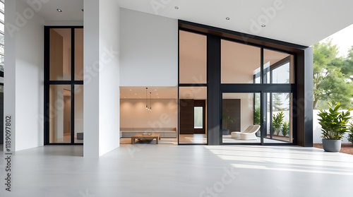 Modern Minimalist House Interior Design: Open Plan Living Space with Floor to Ceiling Windows photo