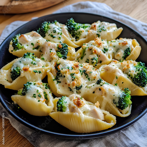 Jumbo pasta shells stuffed with broccoli and cheese, baked with a creamy sauce and breadcrumbs.