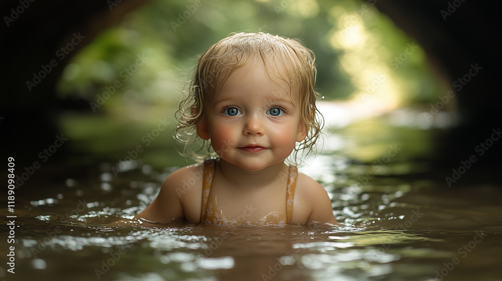 Fototapeta premium A young blonde toddler with blue eyes, wearing swimming attire and playing in the water of an underground stream under a bridge in a forest on a summer day. Full body shot.