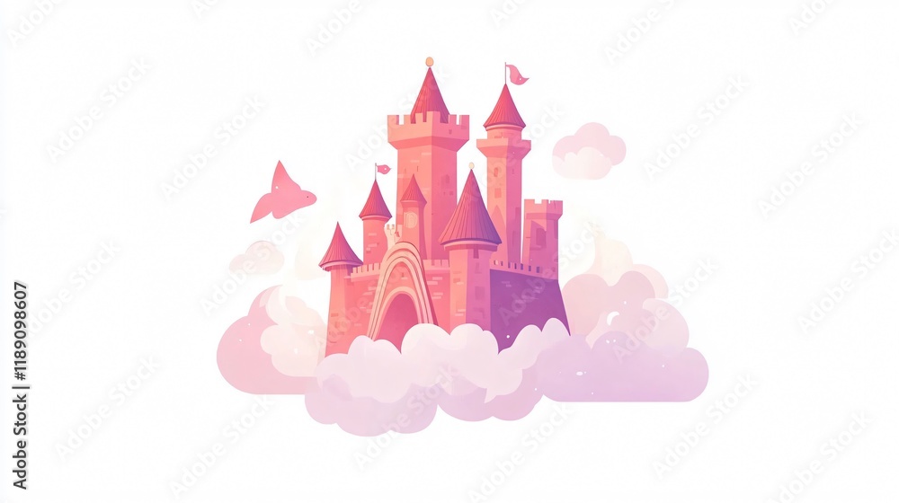 Fototapeta premium Enchanting Unicorn and Princess with Castle in the Clouds Illustration for Fairy Tale Fantasy Concept