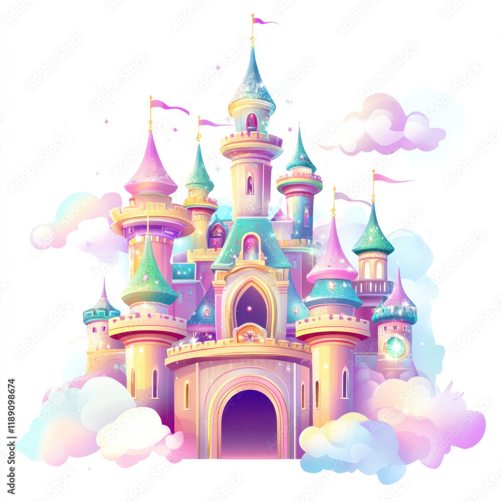 Fototapeta premium Whimsical Colorful Castle in Clouds