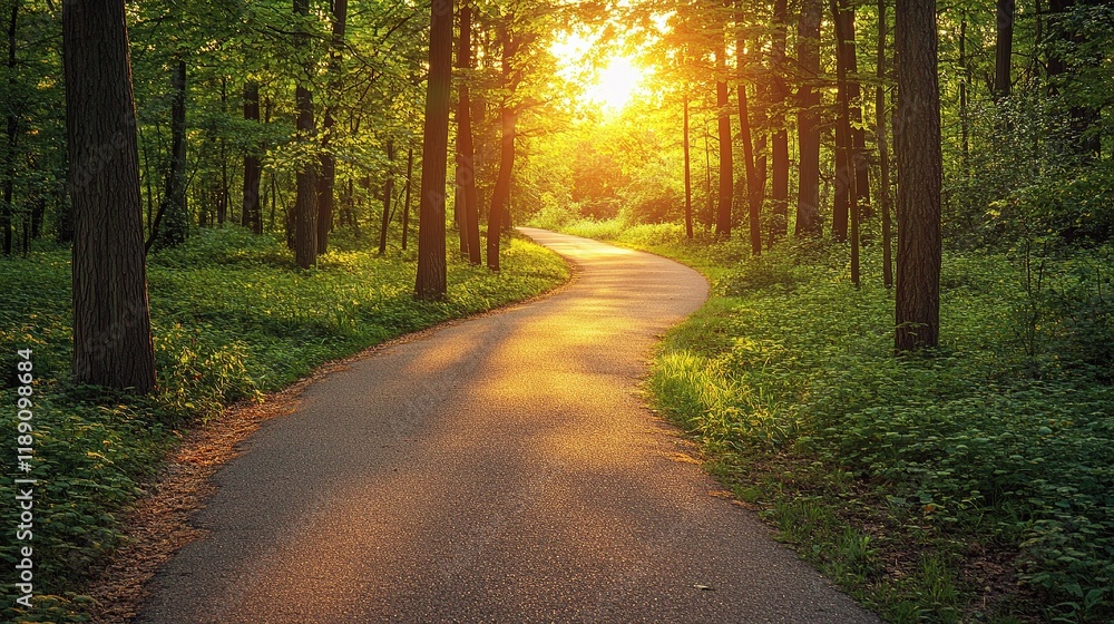Obraz premium Path to the Golden Hour: A winding paved path leads into a lush forest, bathed in the warm glow of the setting sun, creating a captivating scene of natural beauty and serene tranquility.