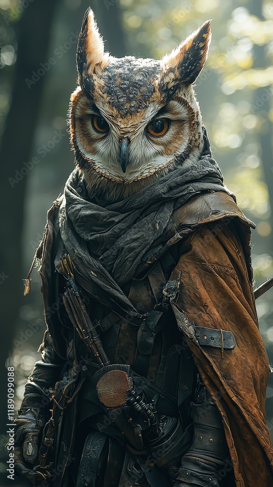 Fototapeta premium Illustration - Owl Warrior in Fantasy Forest