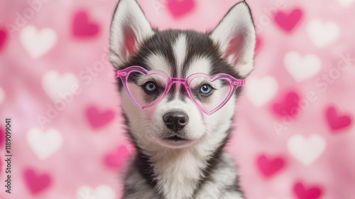 Siberian Husky puppy wearing cute pink heart-shaped glasses, perfectly matching the Valentines Day theme photo