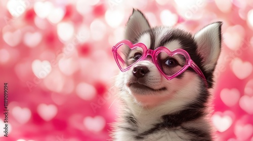 Siberian Husky puppy wearing cute pink heart-shaped glasses, perfectly matching the Valentines Day theme photo