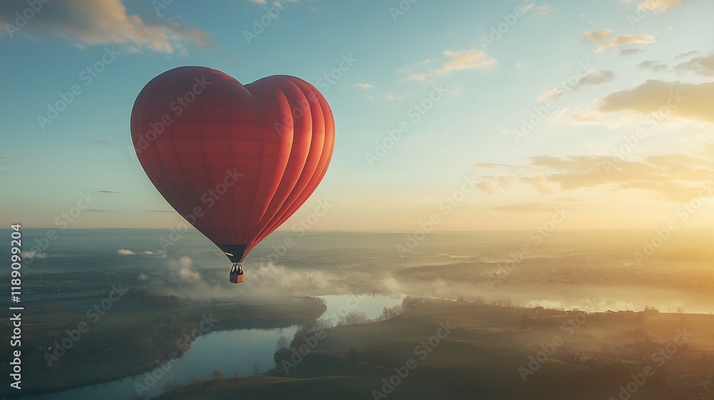 Fototapeta premium Heart-shaped hot air balloon soaring above a misty landscape at sunrise.