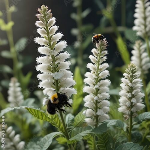 A white tailed bumblebee alights on a leafy stem of lambs ear plant, lambs ear, greenery, insects photo