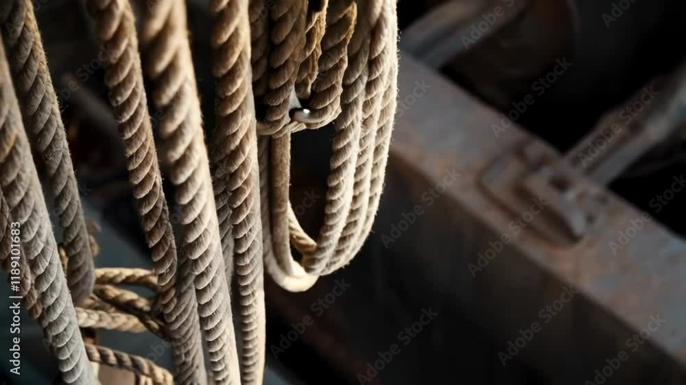 Thick, worn ropes and chains, taut under tension, securely support a ...