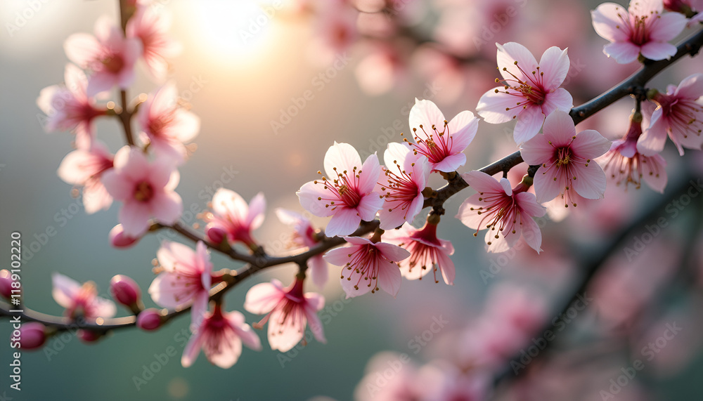 Delicate pink cherry blossoms on branches illuminated by soft sunset light
Delicate pink cherry blossoms on branches illuminated by soft sunset light