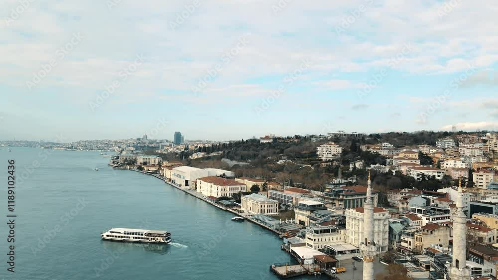 Aerial view of amazing Ortakoy cityscape from aerial view shot, Bosphorus strait with sailing merchandise ships and local tourist boats, Istanbul architectural, cultural and historical centre Aerial view of amazing Ortakoy cityscape from aerial view shot, Bosphorus strait with sailing merchandise ships and local tourist boats, Istanbul architectural, cultural and historical centre