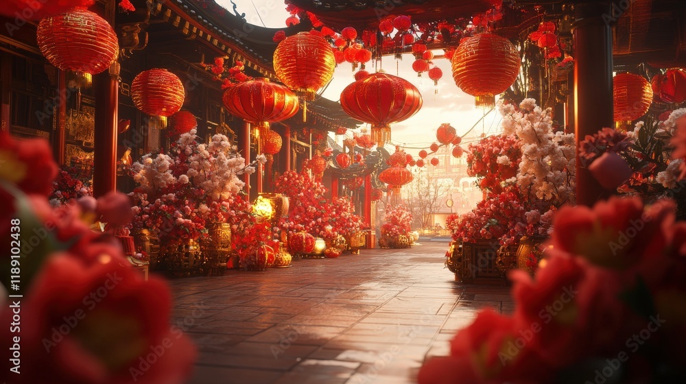 Naklejka premium created digital scene of a traditional Chinese New Year festival, with red lanterns, gold accents, and floral