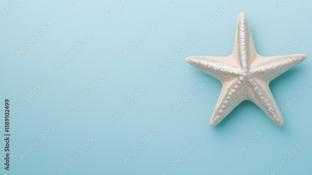A minimalist scene featuring a single star-shaped ceramic ornament painted in soft beige and silver, lying flat on a smooth pastel sky-blue background with a clean copy space. A minimalist scene featuring a single star-shaped ceramic ornament painted in soft beige and silver, lying flat on a smooth pastel sky-blue background with a clean copy space.
