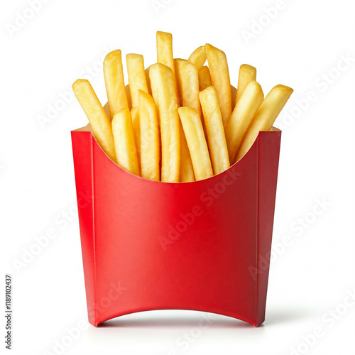close up of red french fries box with crispy golden french fries isolated on white background