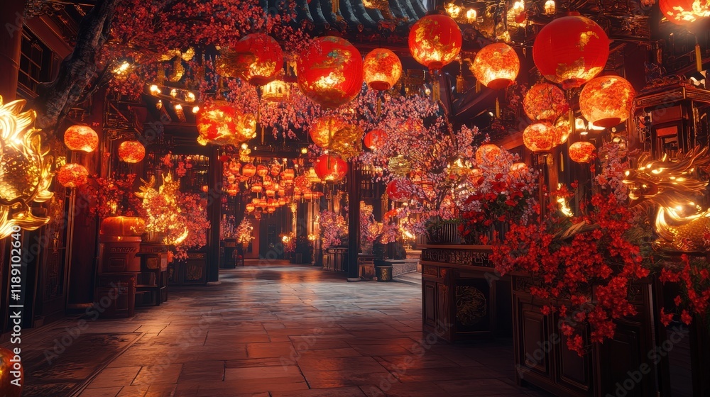 rendered Chinese New Year festival scene with intricate decorations, including red lanterns, gold dragon motifs, rendered Chinese New Year festival scene with intricate decorations, including red lanterns, gold dragon motifs,