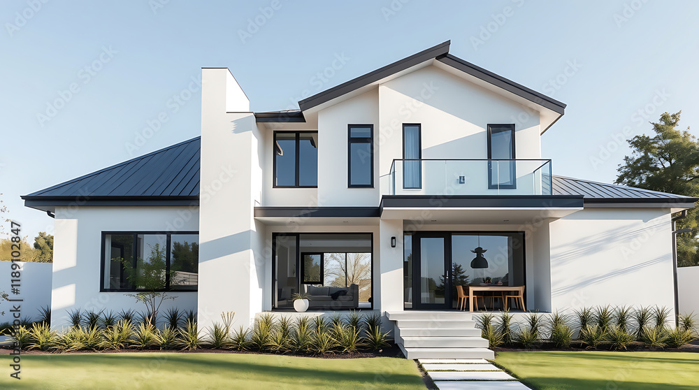 Modern Two-Story House with Stunning Exterior Design and Landscaping. A Luxurious Family Home with a Spacious Layout and Stylish Minimalist Architecture. Modern Two-Story House with Stunning Exterior Design and Landscaping. A Luxurious Family Home with a Spacious Layout and Stylish Minimalist Architecture.