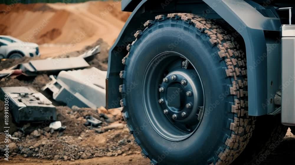 Rugged tire treads on a self driving truck wheel are visible, parked on a construction site with piles of dirt and construction debris in the background Rugged tire treads on a self driving truck wheel are visible, parked on a construction site with piles of dirt and construction debris in the background