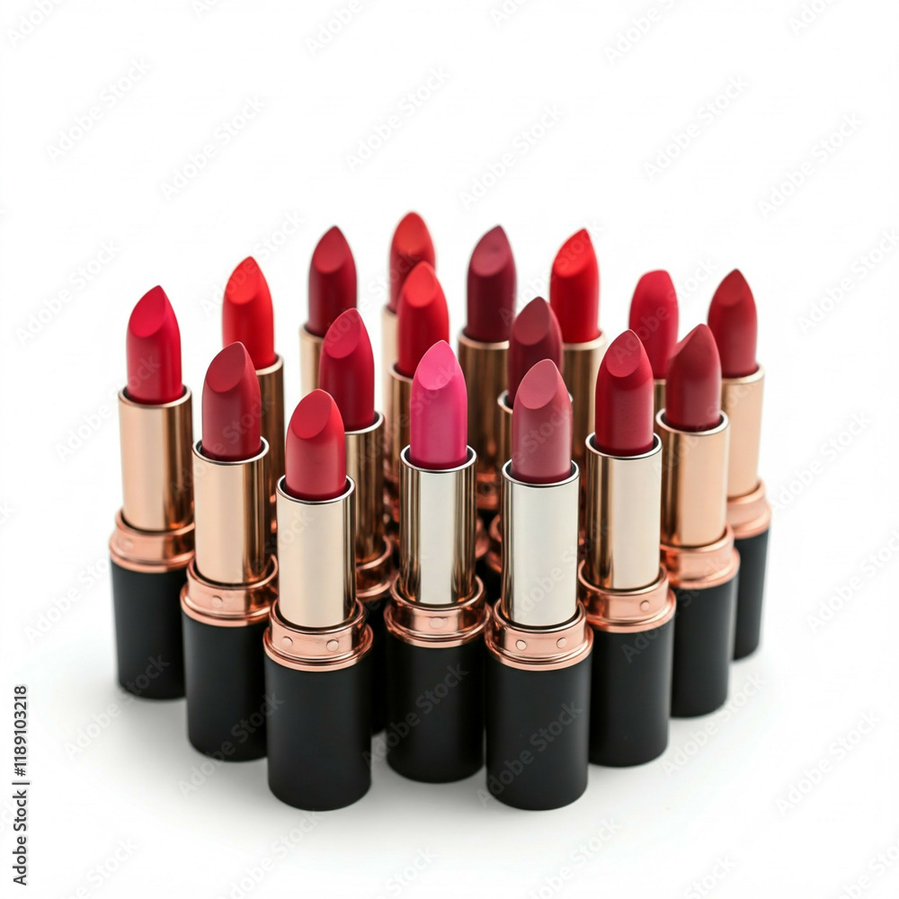 group of red and pink lipsticks in golden cases on white background group of red and pink lipsticks in golden cases on white background
