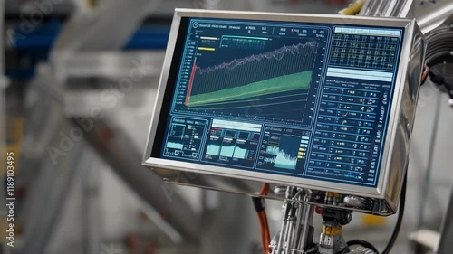 Futuristic construction robot arm equipped with a digital display screen, showing real time data, graphs, and measurements during a live inspection in a modern industrial setting