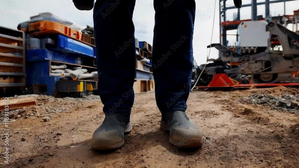 Construction worker wearing virtual reality headset standing motionless on dirt ground, experiencing immersive technological innovation within contemporary construction environment Construction worker wearing virtual reality headset standing motionless on dirt ground, experiencing immersive technological innovation within contemporary construction environment