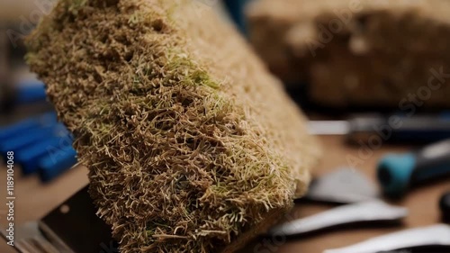 Closeup revealing biocomposite material sample with grass like texture, resting on workbench surrounded by tools, demonstrating potential for sustainable construction innovation photo