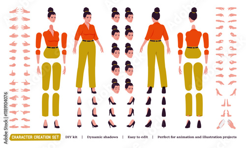 Beautiful modern businesswoman, brunette DIY character creation set. Attractive female model body figure parts. Head, leg, hand gestures, different emotions, construction kit. Vector illustration