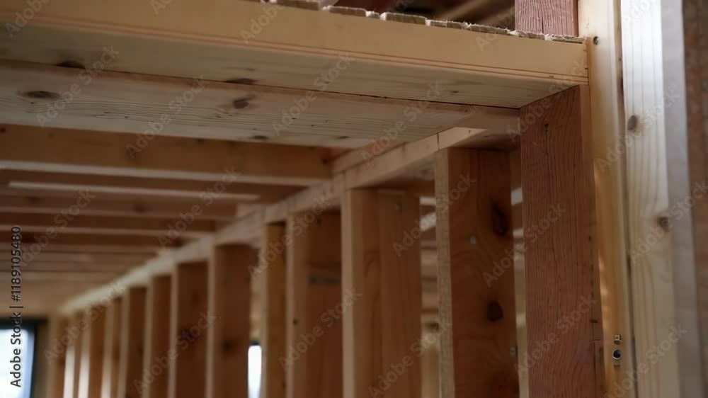 Wooden house frame with exposed studs and top plates during residential construction process, revealing structural framework of new home development Wooden house frame with exposed studs and top plates during residential construction process, revealing structural framework of new home development
