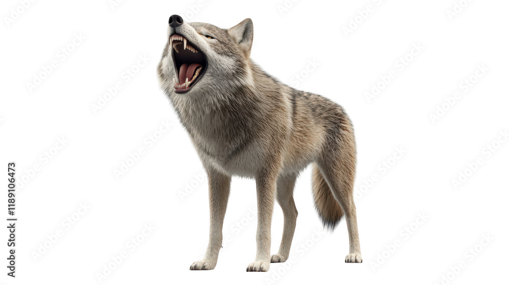 Fototapeta premium Intense closeup, gray wolf with mouth open in a wildlife portrait 