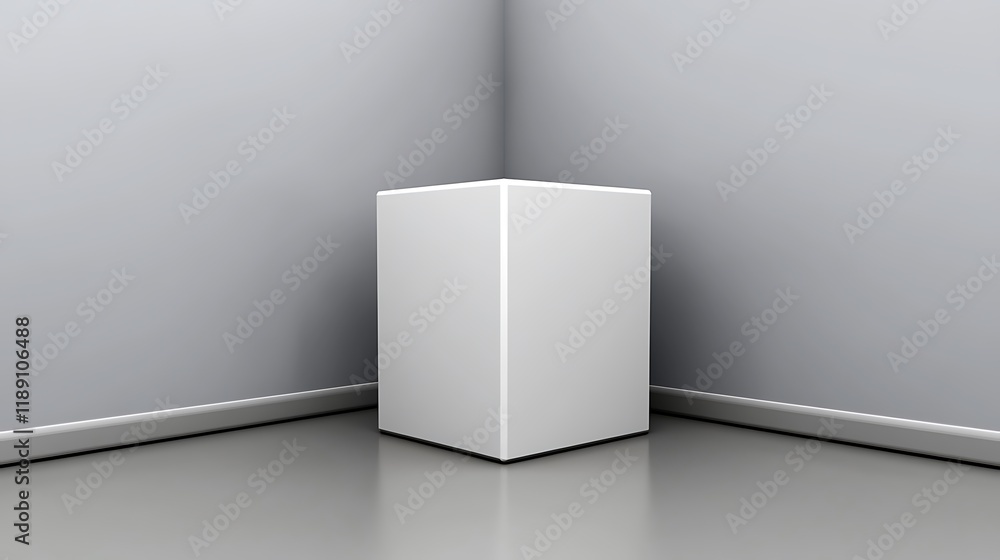 Fototapeta premium White cube sits in a grey corner room