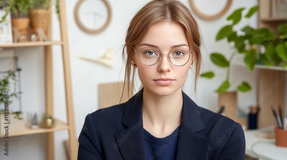 Professional Young Woman in Glasses Home Office Portrait Image Modern Environment Engaging View Empowerment Concept Professional Young Woman in Glasses Home Office Portrait Image Modern Environment Engaging View Empowerment Concept