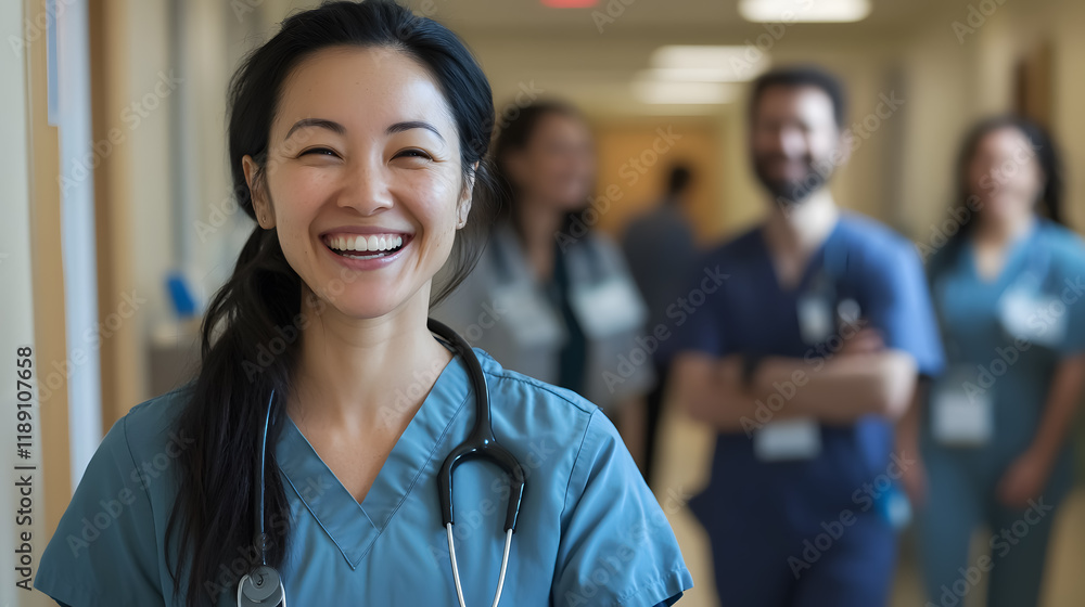 A portrait captures a laughing multicultural medical team in a hospital corridor. A portrait captures a laughing multicultural medical team in a hospital corridor.