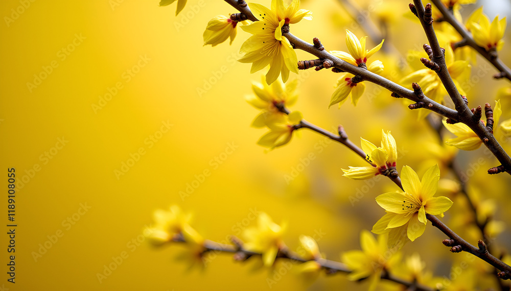 Bright yellow blooms on branches against a vibrant yellow background
Bright yellow blooms on branches against a vibrant yellow background