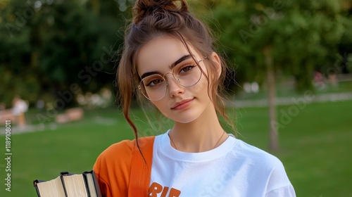 Young Woman Student Reading Books Outdoors in a Park Natural Setting Bright Day Engaging Concept for Learning photo