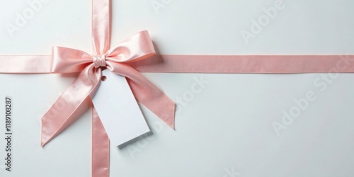 Elegant pink ribbon and blank tag on white background for gift presentation
