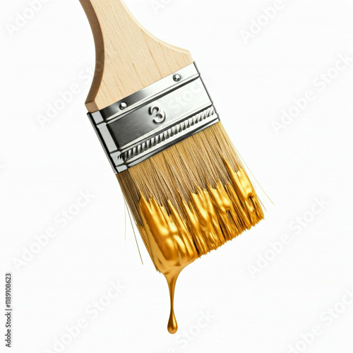 gold paint dripping from paintbrush isolated on white background