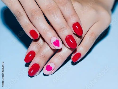 hands with red manicure, nails with hearts