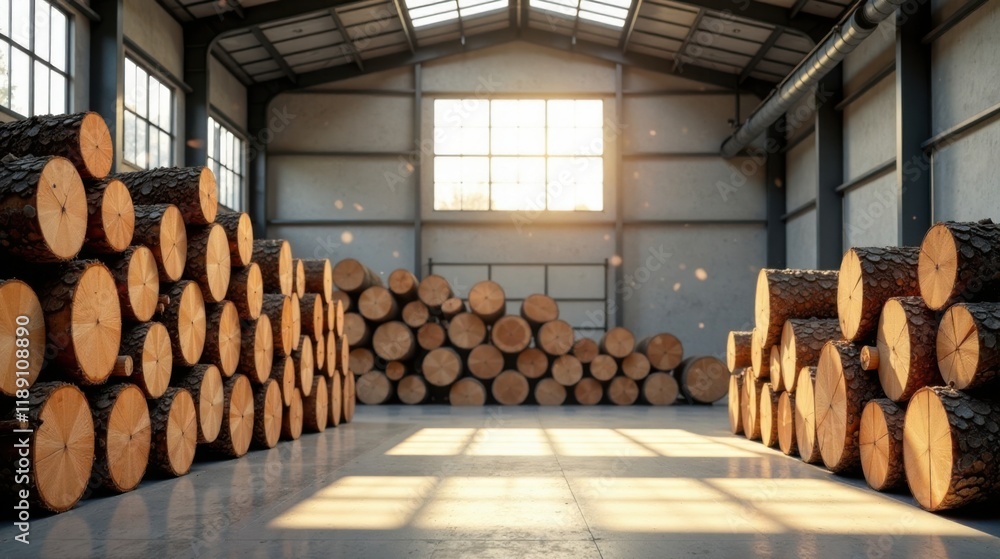 Sunlit Warehouse Filled with Stacks of Timber Logs Sunlit Warehouse Filled with Stacks of Timber Logs