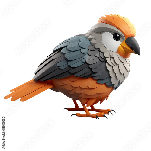 3D illustration of a colorful bird with dark blue wings and a red-orange body, showcasing a simplistic and cute design style in a flying pose. Charming Birds. Isolated on transparent background, png. photo