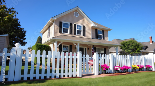 Charming American Suburban House with White Picket Fence and Flowers - Real Estate Photography photo